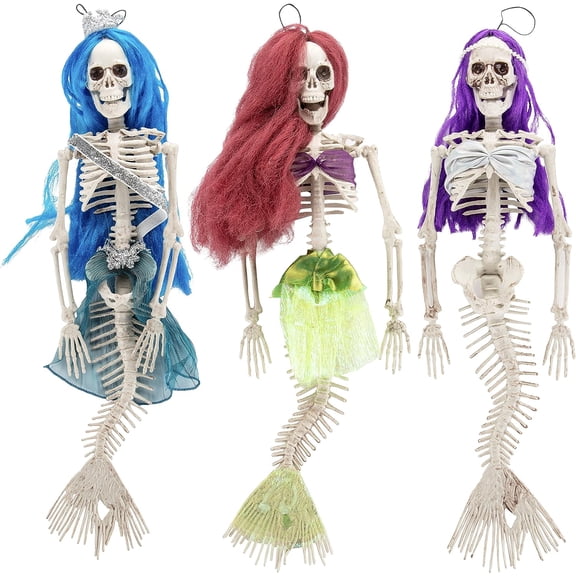 Halloween 16" Mermaid Skeleton 3 Pack with Colored Hair Outdoor Decor Prop, Posable Indoor and Outdoor Party Prop, Great for Yard, Haunted House