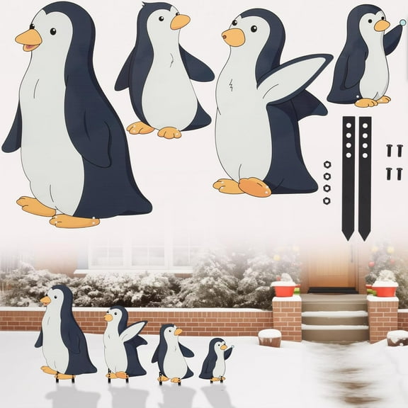 SCS Direct Metal Yard Signs- Set of 4 Different Penguin Designs- Large 16" Durable Outdoor Lawn Decorations w Metal Stakes for Easy Set Up- Make an Impact to Your Light and Garden Display