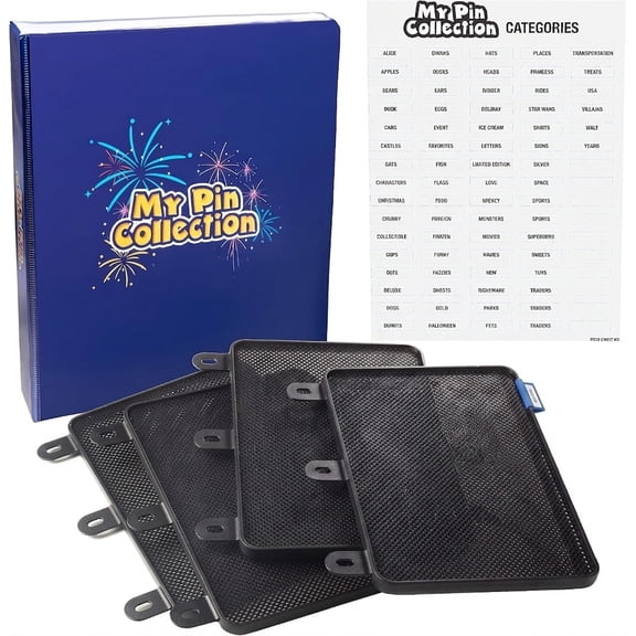 SCS Direct My Pin Collection 3-Ring Album Binder w 4 Enamel Pin Pages -Patented Design Lays Pages Flat with Pinbacks and No Sagging -Display and Trade Your Favorites -Organizational Stickers Included