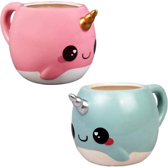 SCS Direct Pink & Blue His/Her Narwhal Coffee Mugs 2-Pack - Large 18 oz Size, Ceramic - Cute Unicorn of the Sea Mug Set - Gift for Kids, Teens. Adults, Women - Glitter Galaxy