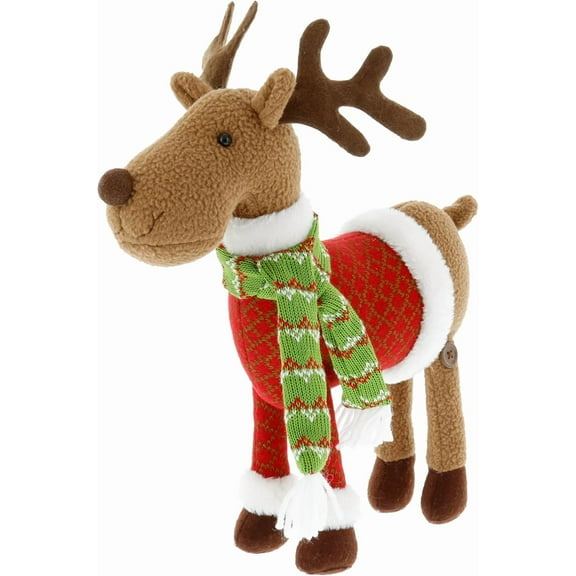 SCS Direct Reindeer Plush 12" Pet Stuffed Doll - Cute Pet Deer Rudolph Toy with Coat & Scarf, Animal Decors, Great Gifts for Kids, Party Exchange or Winter House Decor
