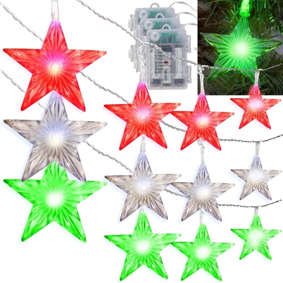 SCS Direct Stars 10ft String Light 3 Pack (Red, Green, White) 60 Total LED Fairy Lights- Waterproof Battery Pack- Indoor/Outdoor Decorations