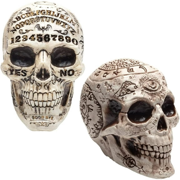 Zodiac & Spirit Board Skulls- 2 Pack, 7" x 6.5" Human Head Skeleton Sculpture-Indoor Home Fall Decor for Parties - Prop Decorations for Houses