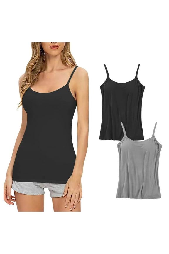 2 PC Women Camisole with Built-in Bra Cup Strap Supportive Padded Tank Top Layering Cami Undershirt for Yoga