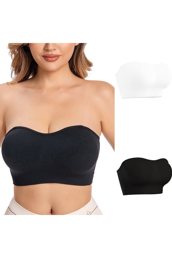 2 Packs Strapless Bras for Women Removable Pads Clear Wireless Push Up Bandeau Bra Non-Slip High Elasticity Straps Bra