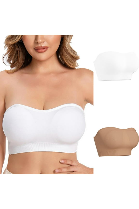 2 Packs Strapless Bras for Women Removable Pads Clear Wireless Push Up Bandeau Bra Non-Slip High Elasticity Straps Bra