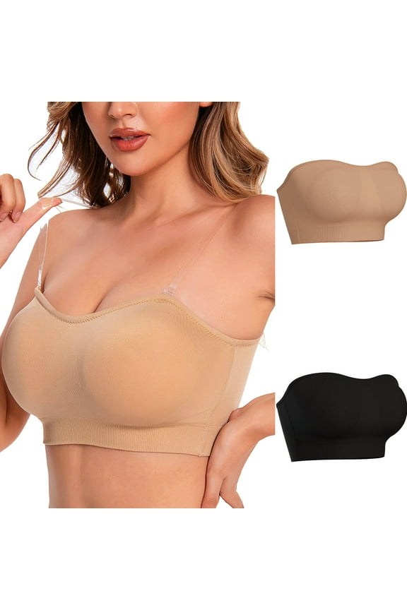 2 Packs Strapless Bras for Women Removable Pads Clear Wireless Push Up Bandeau Bra Non-Slip High Elasticity Straps Bra