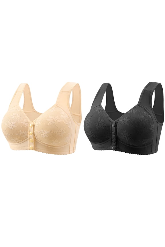2 Pcs Bras for Women Front Closure Bras Push Up Bra No Underwire Plus Size Front Button Solid Bra