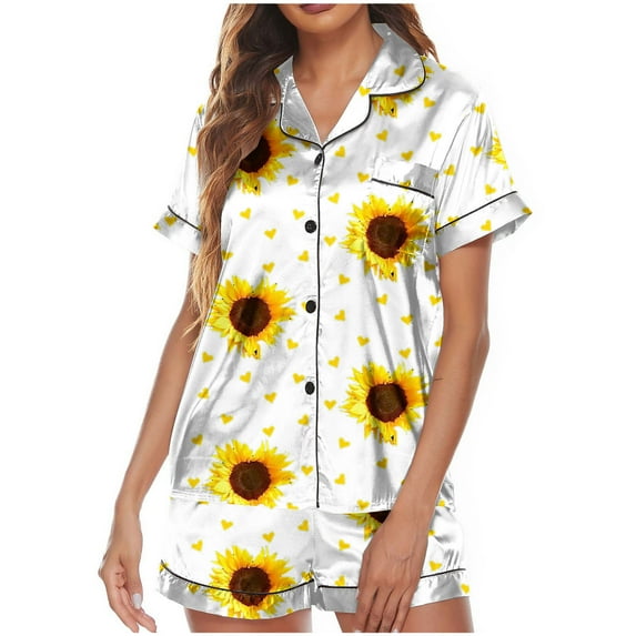 SCSAlgin 2 Piece Outfits for Women Cute Sunflower Print Shorts Pajamas Button Down Sleepwear Short Sleeve Lounge Sets