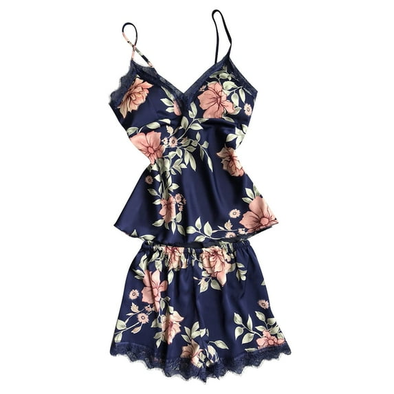 SCSAlgin 2 Pieces Floral Satin Pajama Set for Women Elegant Lace Trim Flower Print Cami Top and Shorts Nightwear Sleepwear Pjs