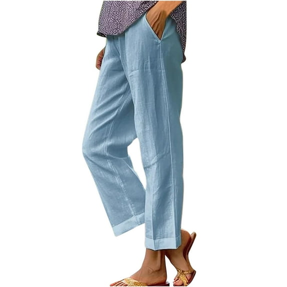 SCSAlgin 2024 Cotton Linen Pants Women Elastic Waist Crop Pants Plus Size Straight Leg Slack Casual Trouser with Pocket