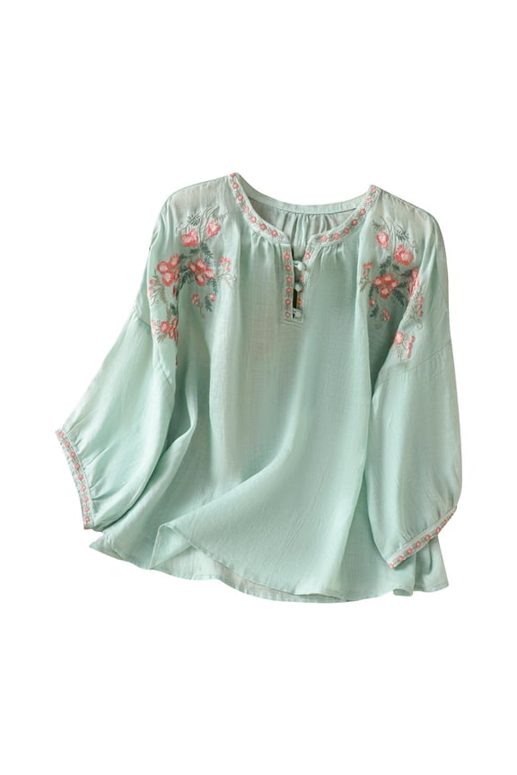 3/4 Sleeve Cotton Linen Shirts for Women 2025 Summer Retro Embroidered Boho Tops Dressy Casual Blouse