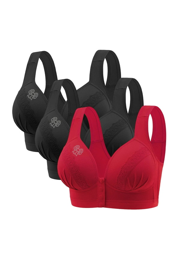3PC Women's Everyday Bra Front Button Closure Wireless Full Coverage Convenient Padded Daily Soft Cup Bras