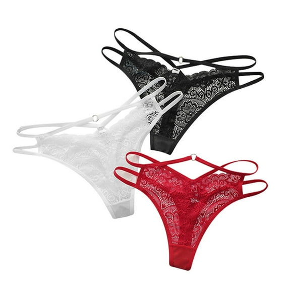 SCSAlgin 3PC Women's Lace Thong Strappy Underwear Panty Set Sheer Floral Soft Low Waist