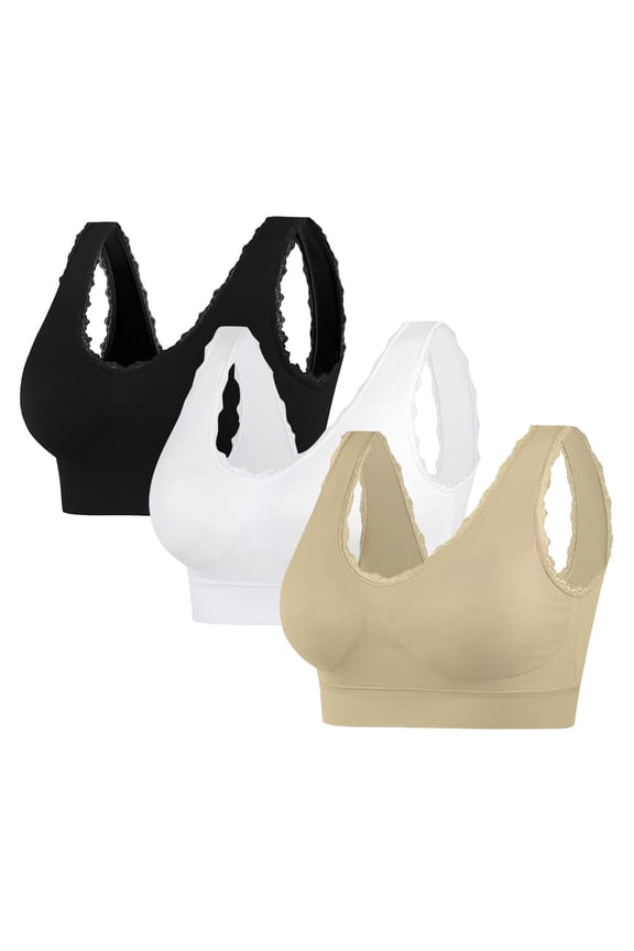 3PC Women's Leisure Sports Sleep Bra Comfort Seamless Stretchy Lace Trim Wirefree