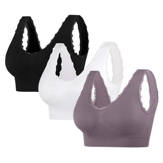 SCSAlgin 3PC Women's Leisure Sports Sleep Bra Comfort Seamless Stretchy Lace Trim Wirefree