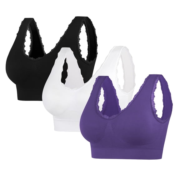 SCSAlgin 3PC Women's Leisure Sports Sleep Bra Comfort Seamless Stretchy Lace Trim Wirefree