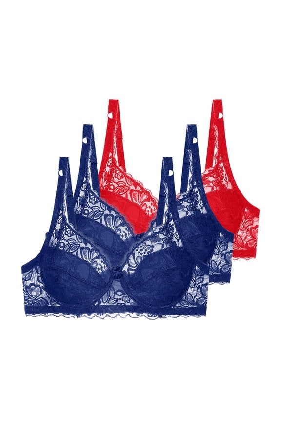 3PC Women's Sexy Lace Bra Sheer Mesh Balconette Bralette Unlined Underwire