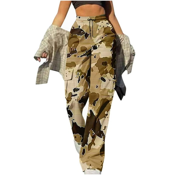 SCSAlgin Cargo Pants Women Baggy Wide Leg Twill Casual Pants Y2k Elastic High Waisted Hiking Pant with Pockets