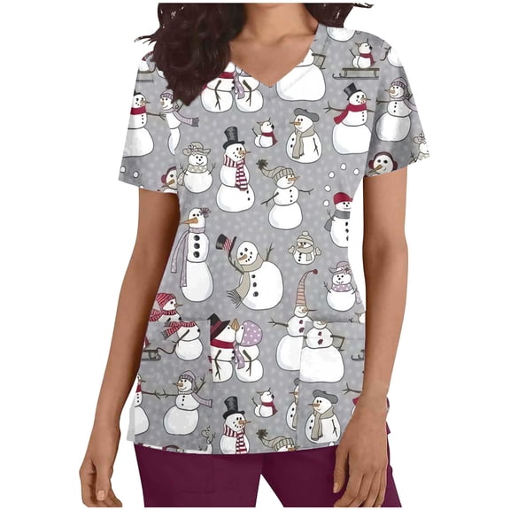 SCSAlgin Christmas Womens Short Sleeve V Neck Scrub Top Snowman Xmas Print Nursing Work Uniform T Shirts with Pockets