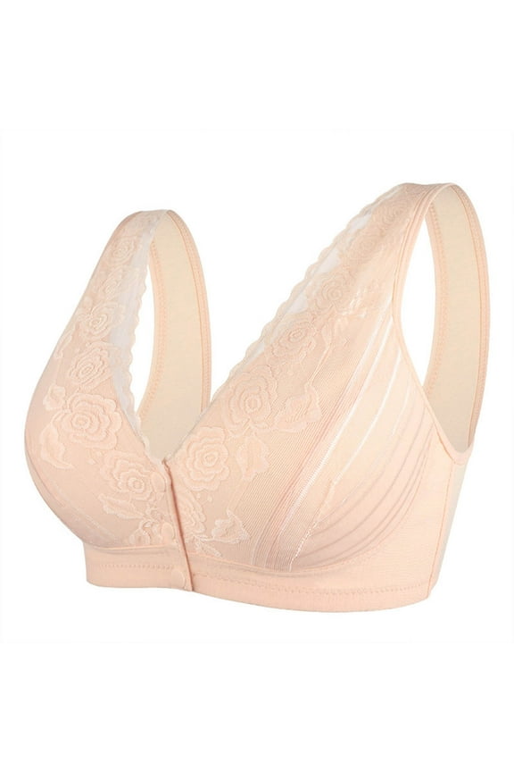 Comfortable Wireless Front Button Closure Bra with Lace Design for Senior Women