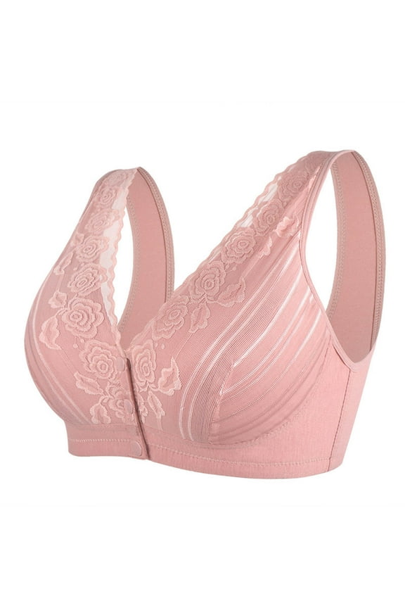Comfortable Wireless Front Button Closure Bra with Lace Design for Senior Women