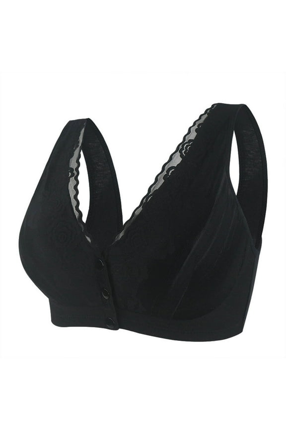 Comfortable Wireless Front Button Closure Bra with Lace Design for Senior Women