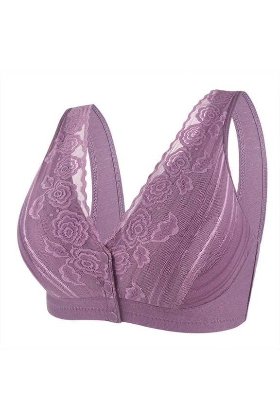 Comfortable Wireless Front Button Closure Bra with Lace Design for Senior Women