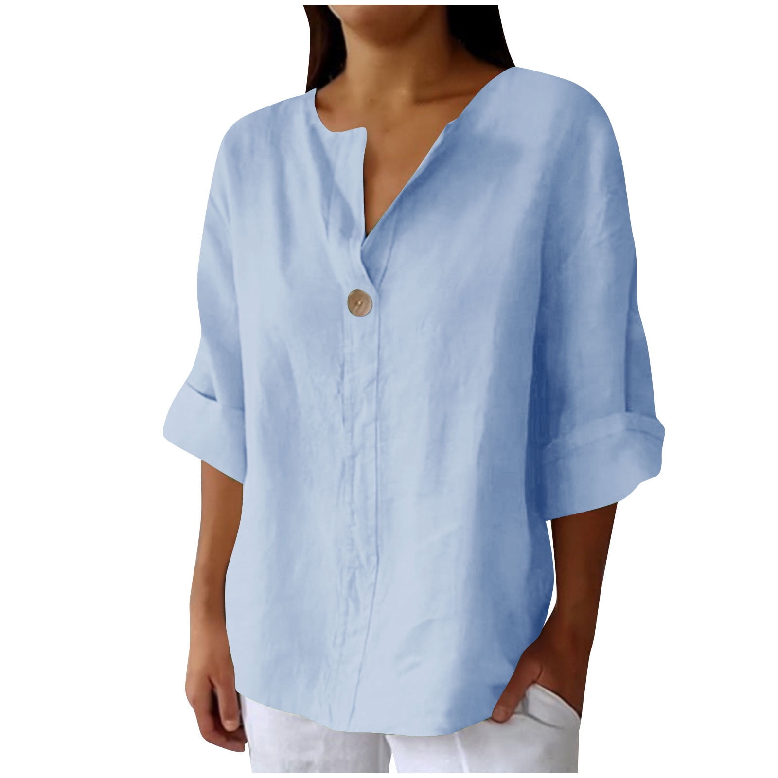 SCSAlgin Cotton Linen Womens Tops 3/4 Sleeve V Neck Button Down Shirts ...