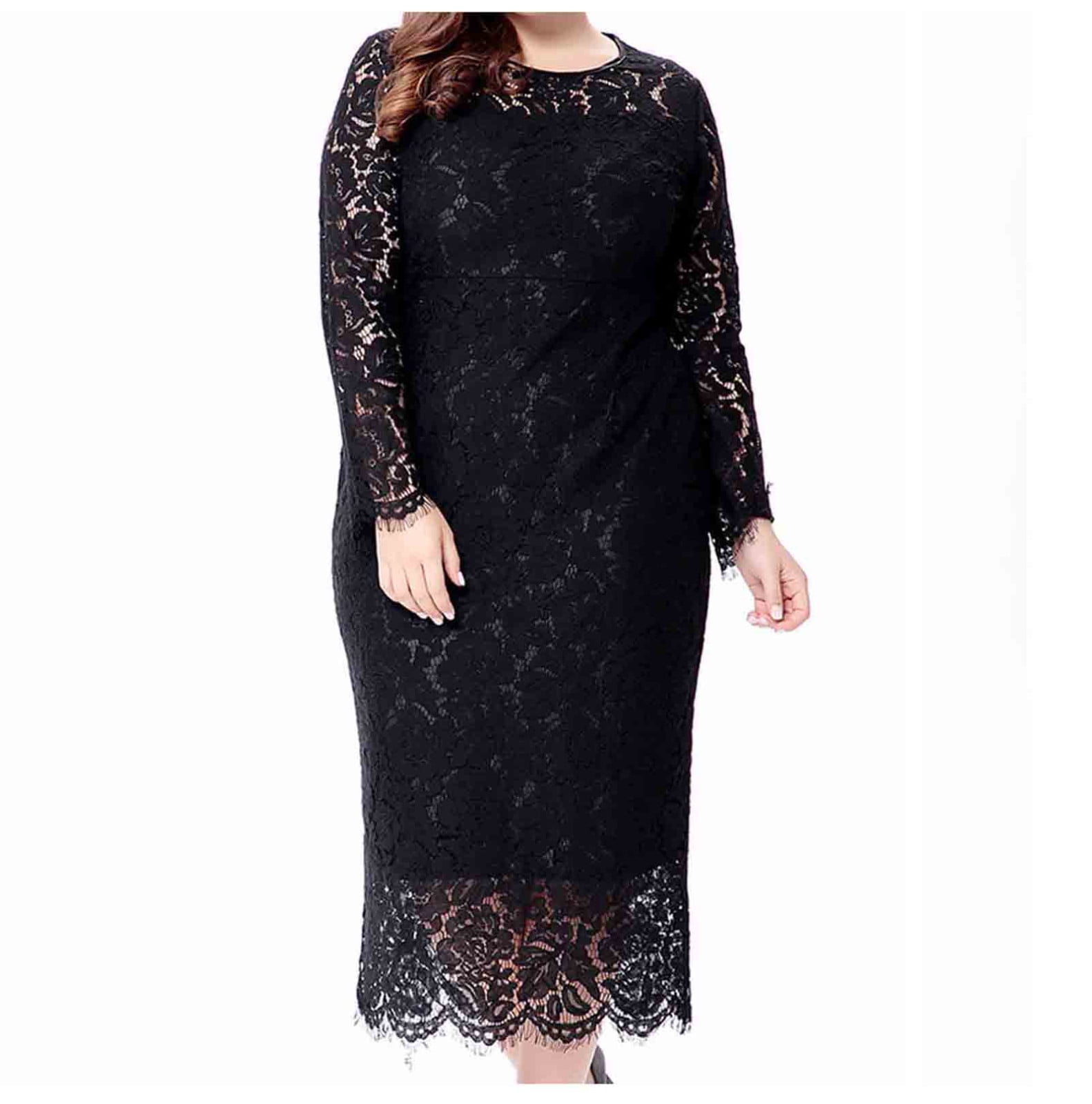 SCSAlgin Evening Dress for Women Lace Long Sleeve Plus Size Dress Solid Color Slim Fit Hollow Out Midi Dresses