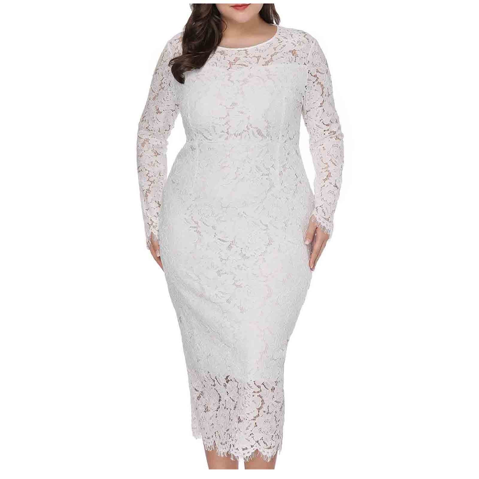 SCSAlgin Evening Dress for Women Lace Long Sleeve Plus Size Dress Solid  Color Slim Fit Hollow Out Midi Dresses - Walmart.com