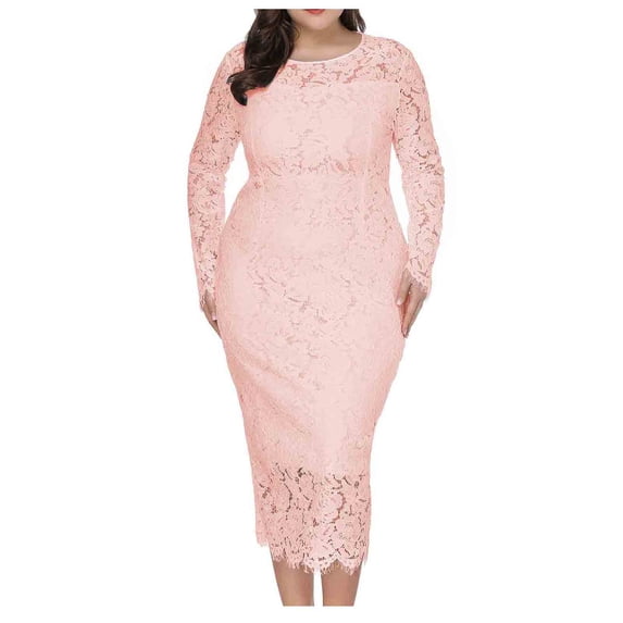 SCSAlgin Evening Dress for Women Lace Long Sleeve Plus Size Dress Solid Color Slim Fit Hollow Out Midi Dresses