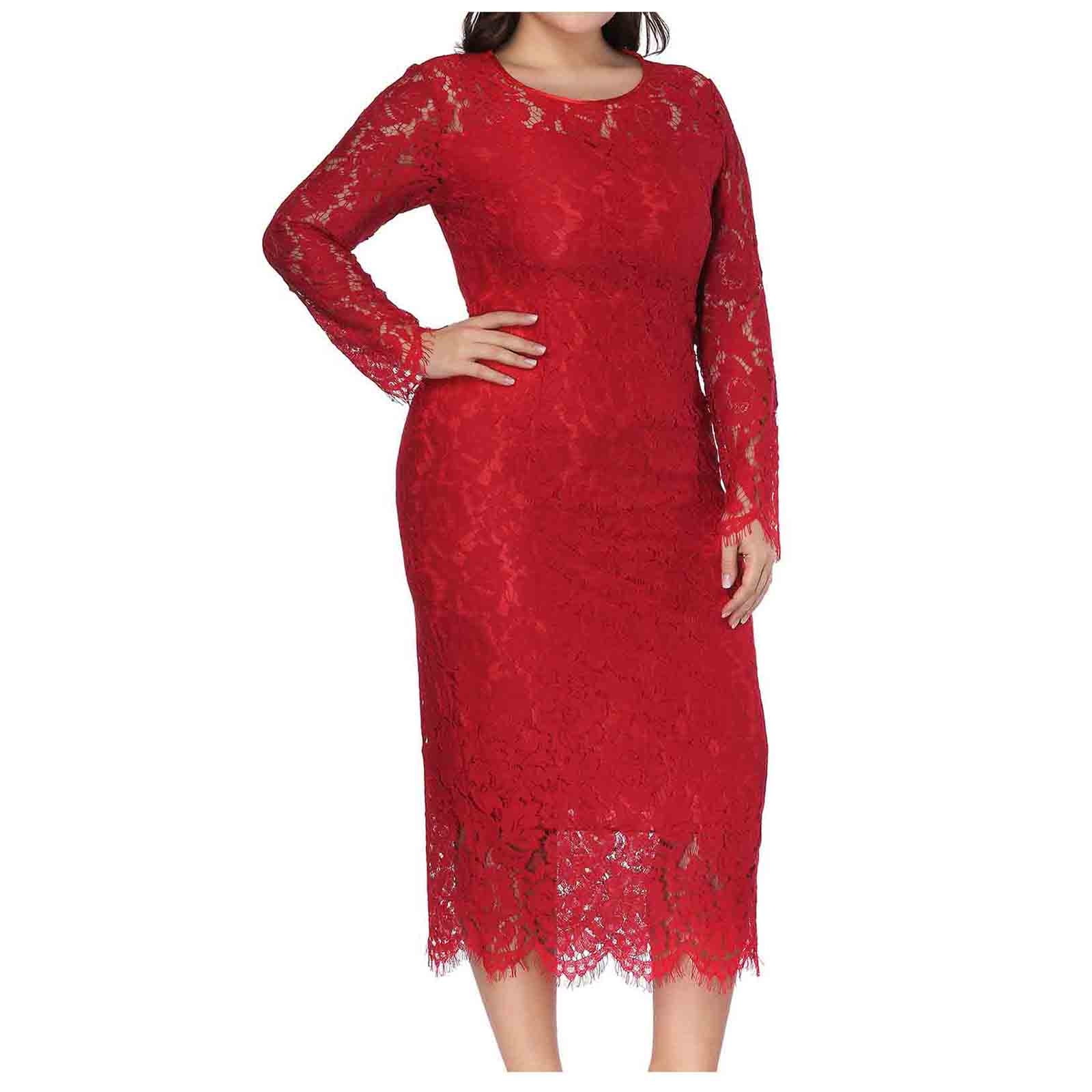 SCSAlgin Evening Dress for Women Lace Long Sleeve Plus Size Dress Solid  Color Slim Fit Hollow Out Midi Dresses - Walmart.com