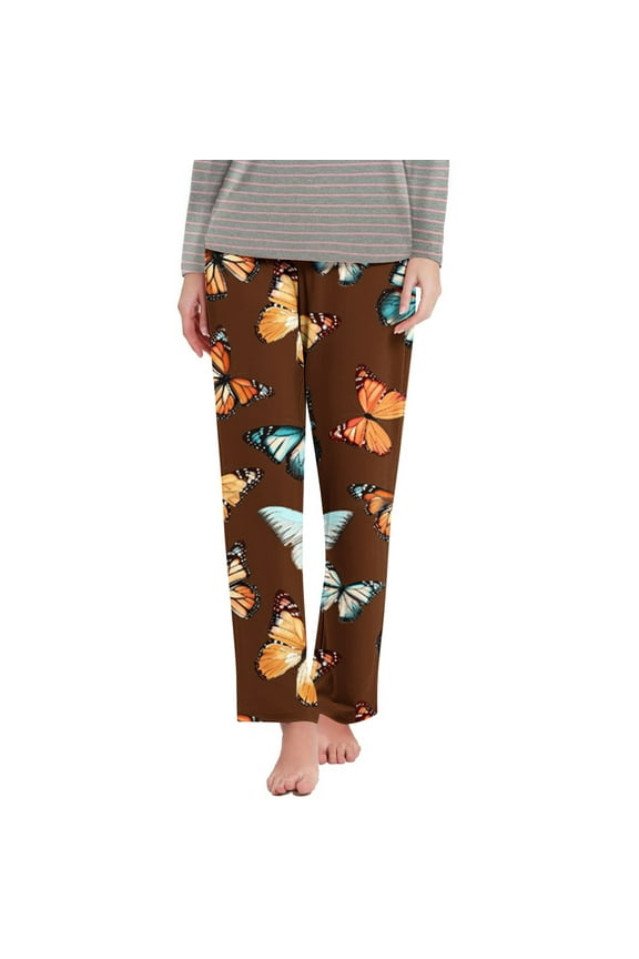 Funny Butterfly Print Pajamas Pants Women Elastic Waisted Loose Straight Leg Trousers Comfy Soft Loungewear
