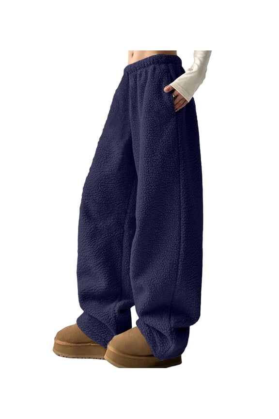 Generic Women's Waist Teddy Wide Leg Pants Loose Fuzzy Pants Casual Trousers with Pockets