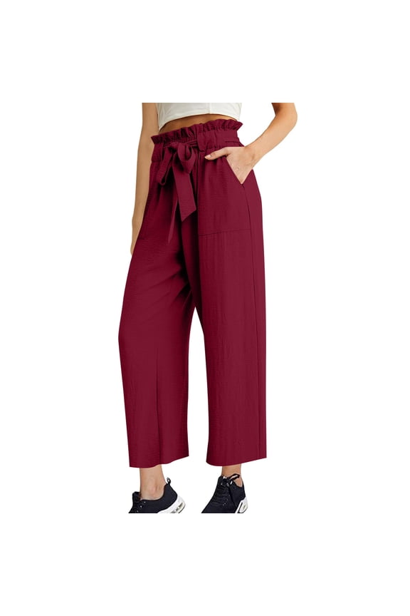Generic Women's Wide Leg Pants with Pockets High Waist Adjustable Knot Loose Casual Trousers Pants