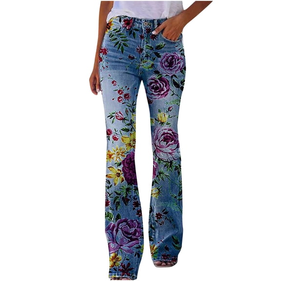 SCSAlgin Generic Womens Chic Floral Print High-Rise Bell Bottom Flare Jeans Broad Feet Long Denim Pants