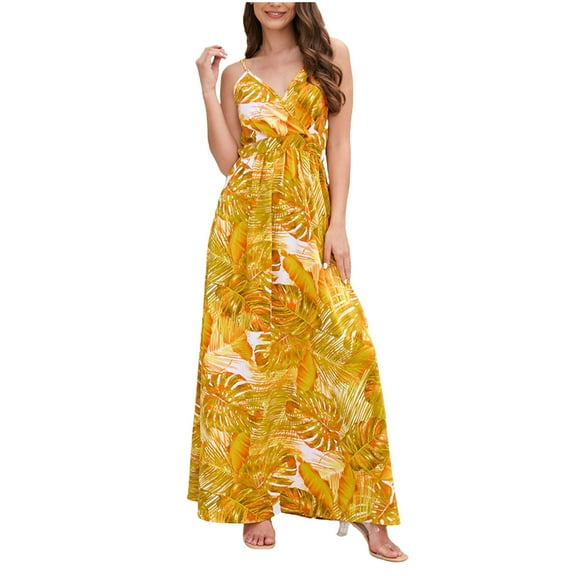 SCSAlgin Hawaiian Dresses for Women Boho Maxi Dress V-Neck Floral Summer Dress Beach Spaghetti Strap