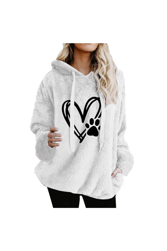 Ladies' Dog Claw Printed Pocket Drawstring Long Sleeve Double Sided Hoodie Top