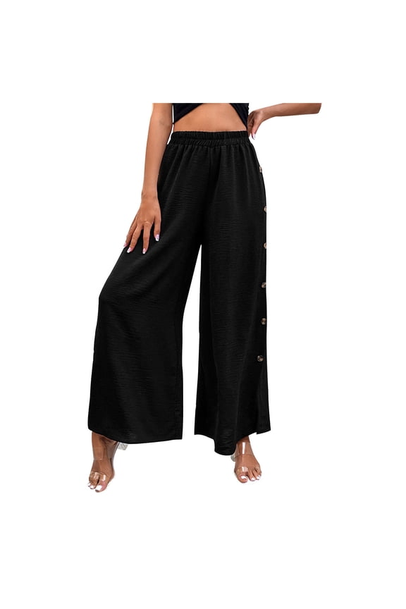 Ladies' Loose And Versatile And Elastic High Waisted Slit Wide Leg Pants