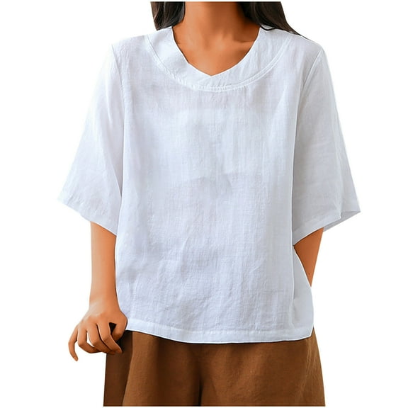 SCSAlgin Linen Tops for Women 3/4 Sleeve Crew Neck Cotton Shirts Casual Boho Blouse