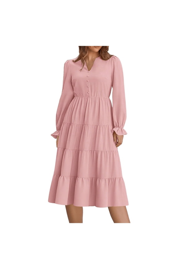 Long Sleeve Dress for Women 2025 Fall V Neck Tiered Spring Elegant Modest Flowy Wedding Guest Midi Dresses