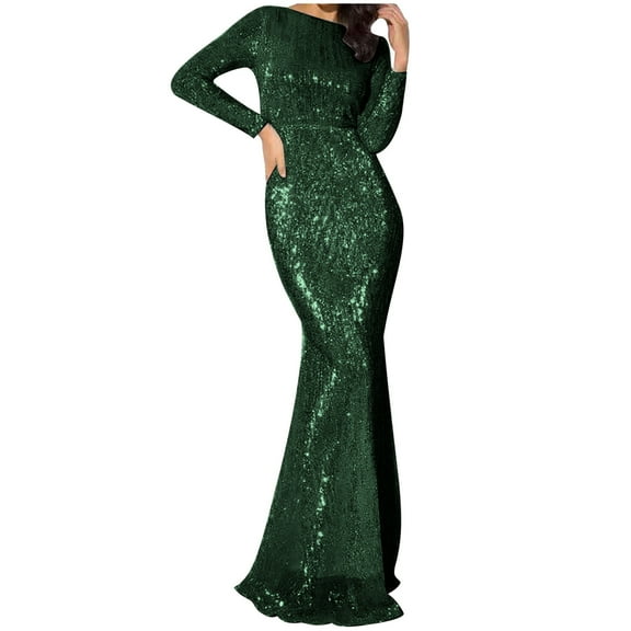 SCSAlgin Long Sleeve Sequin Mermaid Prom Dresses for Women 2024 Sparkly Crew Neck Elegant Formal Evening Gowns