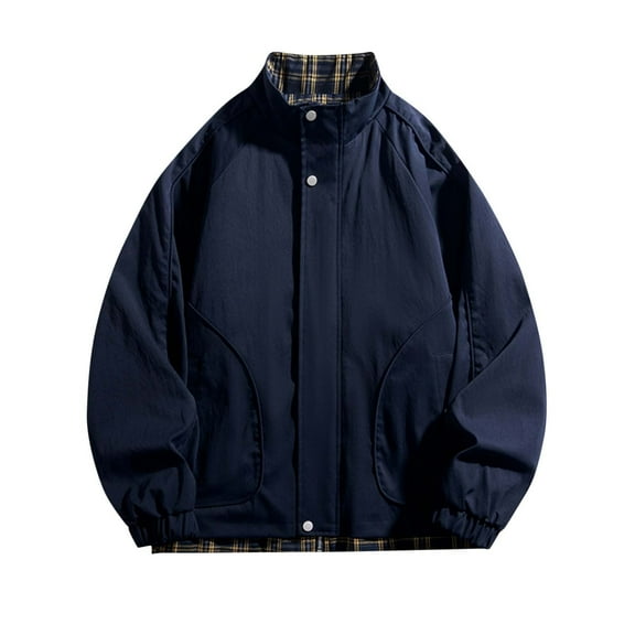 SCSAlgin Men Solid-Color Plaid Casual Button Zipper Pocket Long Sleeve Stand-up Collar Outwear Jacket