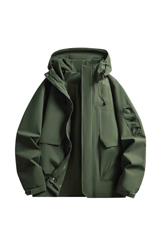 Men Solid-Color Trench Coat Waterproof Outdoor Zipper Pocket Long Sleeve Hooded Casual Outwear Jacket
