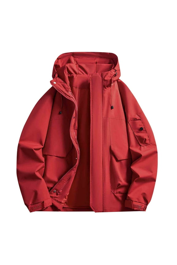 Men Solid-Color Trench Coat Waterproof Outdoor Zipper Pocket Long Sleeve Hooded Casual Outwear Jacket