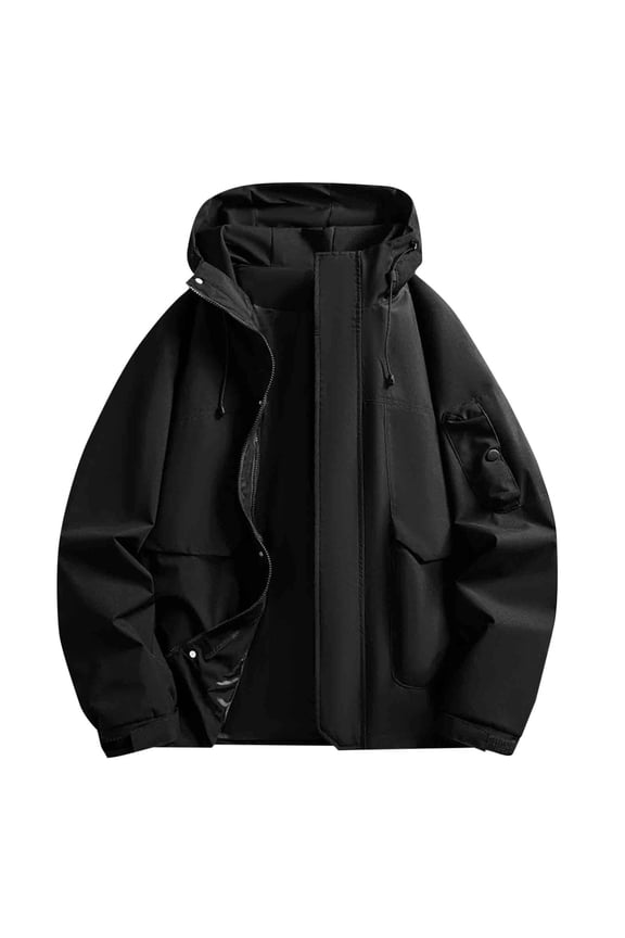 Men Solid-Color Trench Coat Waterproof Outdoor Zipper Pocket Long Sleeve Hooded Casual Outwear Jacket