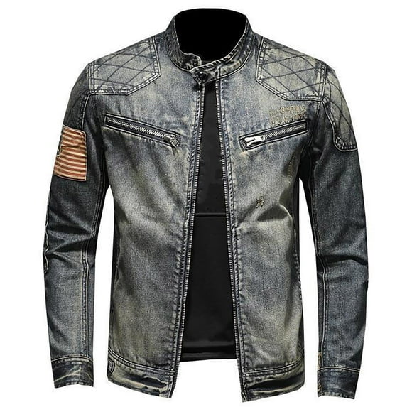 SCSAlgin Men's Distressed Denim Jacket American Flag Patchwork Automotive Trucker Jean Jackets Coat