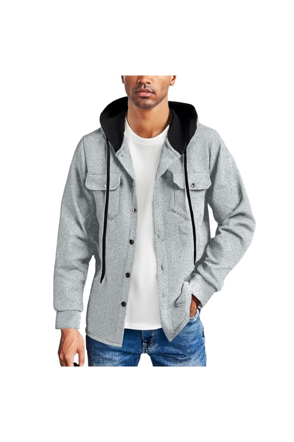 Men's Fashion Solid Color Long Sleeved Hooded Drawstring Pocket Button Jacket