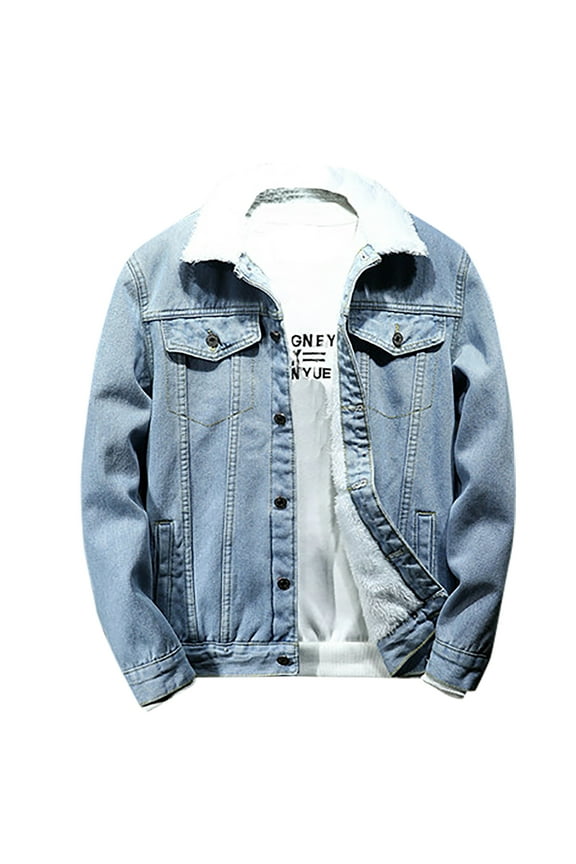 Men's Lapel Sherpa Fleece Lined Thicken Denim Jean Trucker Jacket Coats with Pokets
